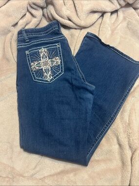 Sky Dark Blue Flare Jeans with Embroidered Cross Pocket